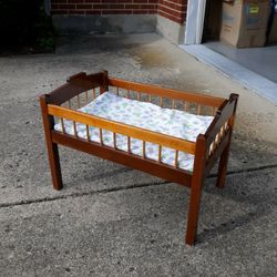 Vintage Wooden Doll Crib/Bed With Matress