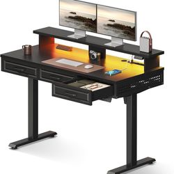 Electric Standing Desk with 3 Wooden Drawers, 48 Inch Height Adjustable Desk with Power Outlets & LED Lights, Black Sit Stand Table with Monitor Stand
