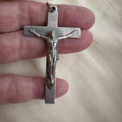 Silver Tone Crucifix Pendant - In Case Of An Accident Notify A Priest On Back 