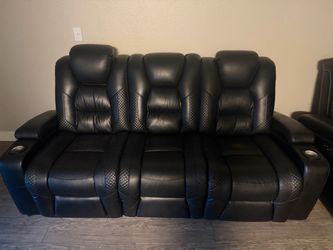 Black Leather Reclining Sofa with Cup Holders