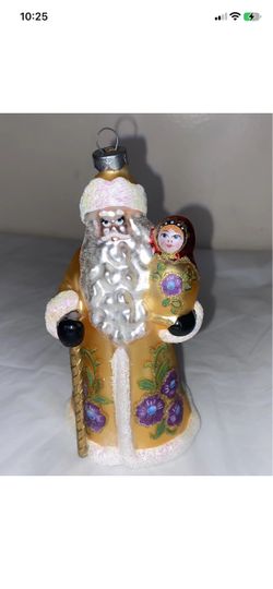 Damaged OLD WORLD RUSSIAN SANTA WITH NESTING DOLL ORNAMENT~BLOWN GLASS~CHRISTMA