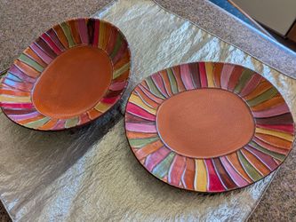 Set of 2 Pier 1 Imports "Wavy Stripe" Hand Painted Stoneware Oval Plates.