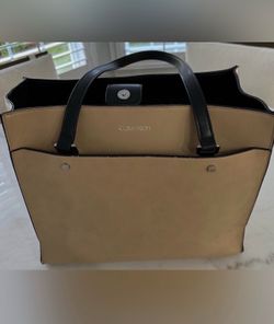 Calvin Klein Two-Tone Leather Tote Bag in Tan and Black
