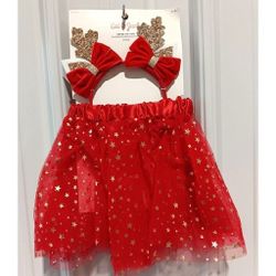 Cat & Jack Youth Girls' Red & Gold Glitter Reindeer Tutu & Headband Dress Up