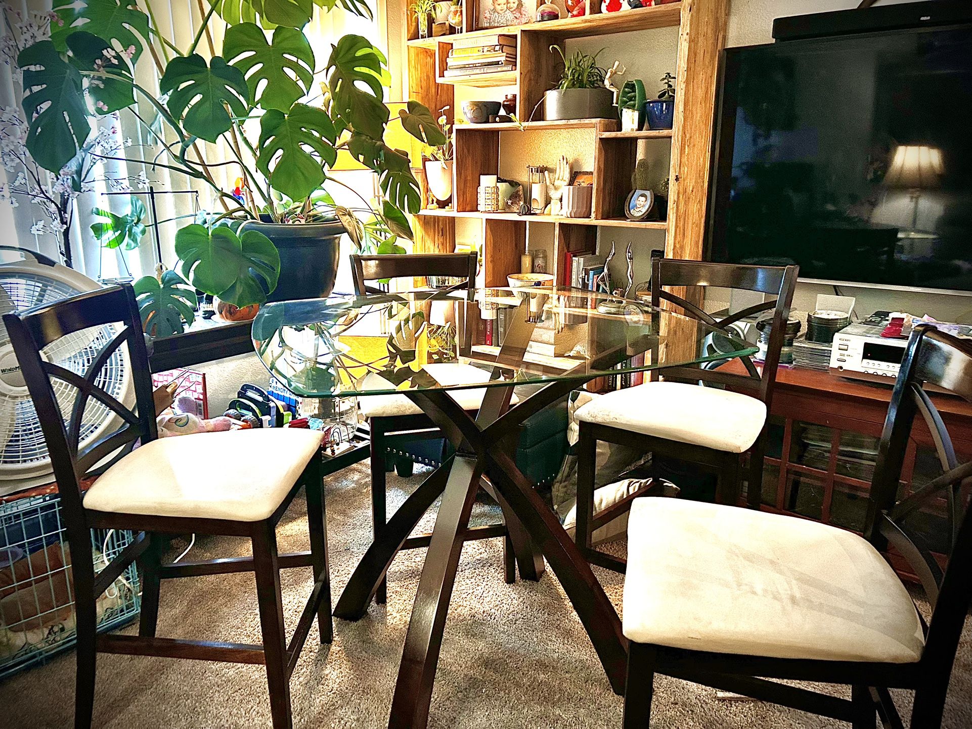 Modern Looking Glass Top Dining Table With Cherry Wood Base And Chairs/stools