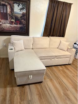Convertible Sleeper Sofa Bed with Storage Compartment – Cream/White