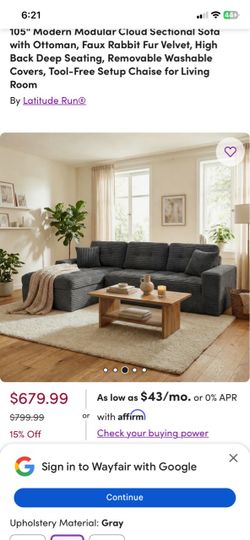 105" Modern Modular Cloud Sectional Sofa with Ottoman, Faux Rabbit Fur Velvet, High Back Deep Seating, Removable Washable Covers, Tool-Free Setup Chai