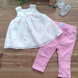 3-6MOS 2-PIECE OUTFIT SLEEVELESS WHITE & PINK FLORAL/HEARTS PRINT SHEER HALTER TOP W/ROSE PINK DENIM JEANS