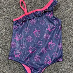 Pink Platinum girls 5/6 swimsuit featuring navy blue and pink unicorns and emojis