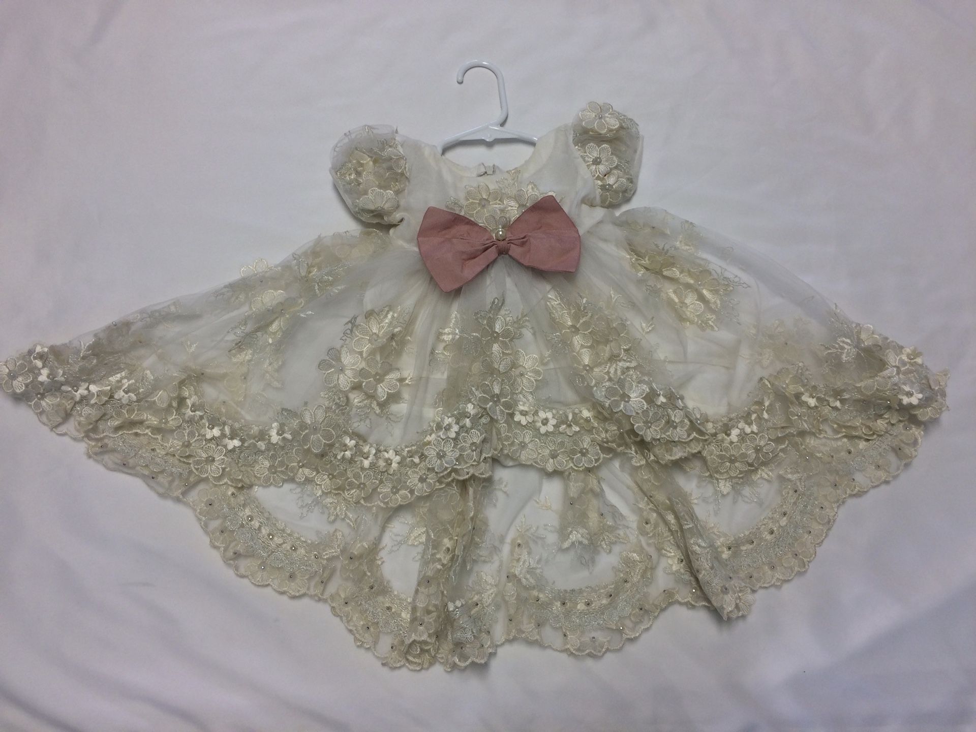 Flower Embroidery netted wedding & party dress with veil and head tie for baby girl (6-9months)