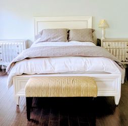 QUEEN bed with white velvet studded headboard and white wood