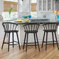 Winson Windsor 24 in. Black Solid Wood Bar Stool for Kitchen Island Counter Stool with Spindle Back