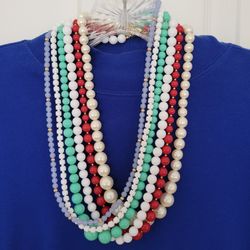 Set of Six Vintage Beaded Necklaces with Display Case