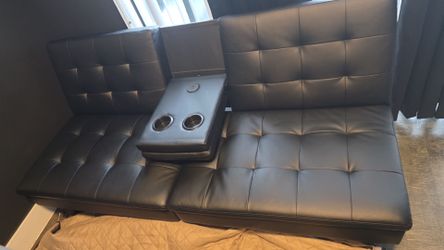 Black Faux Leather Futon Sofa with Cup Holders and USB