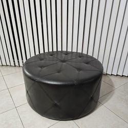 Round Brown Tufted Faux Leather Cocktail Ottoman with Casters, 34" Diameter