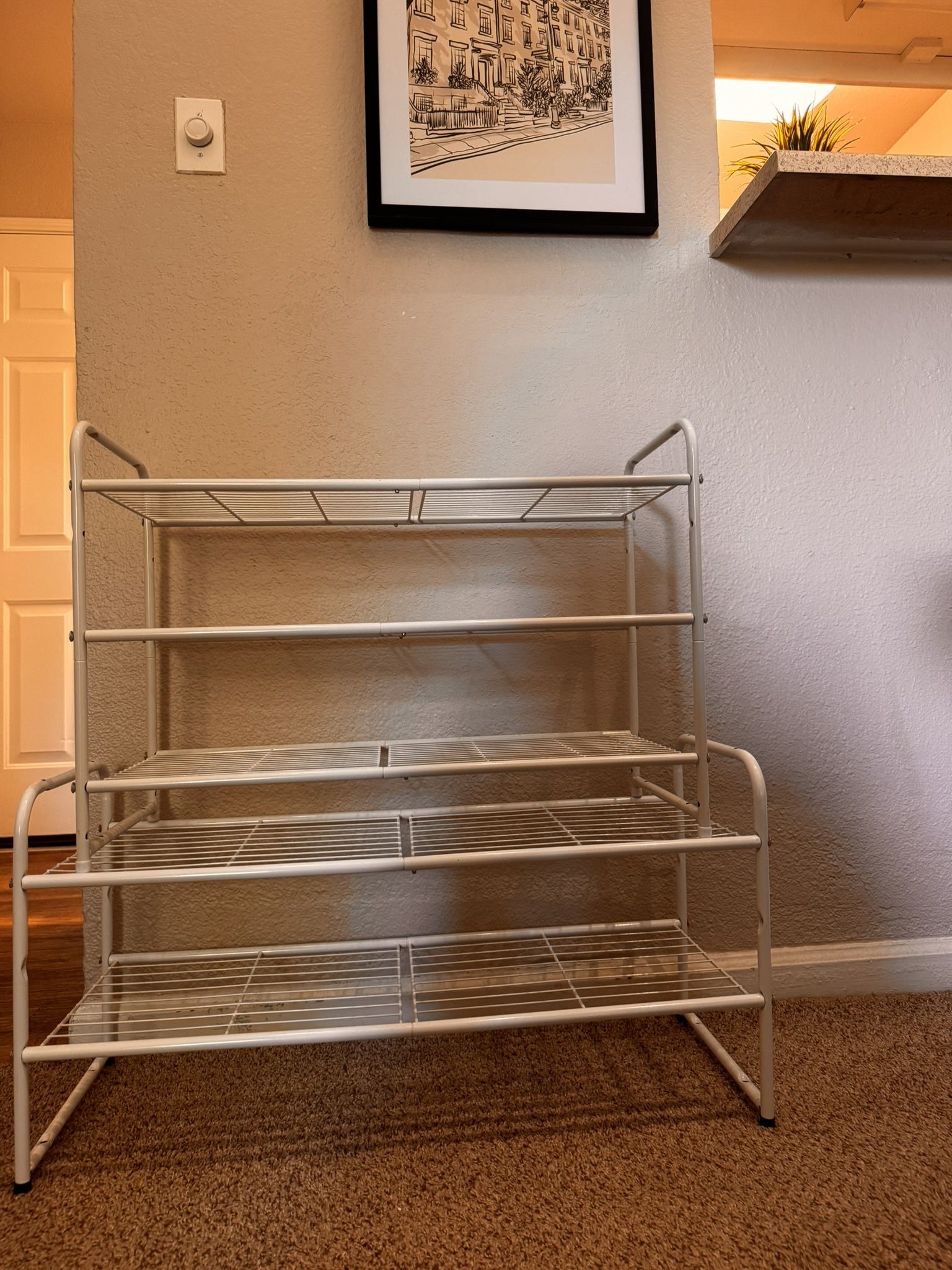 2 White Metal Shoe Racks โ Stackable or Separate | Holds 18-24 Pairs