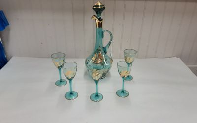 Vintage Hungarian Handblown Teal Decanter W/ 5 Glasses- Located in Shelton