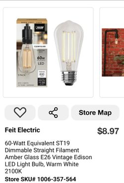 BRAND NEW NIB SEALED Feit Electric 60-Watt Equivalent ST19 Dimmable Straight Filament Amber Glass E26 Vintage Edison LED Light Bulb, Warm White 2100K