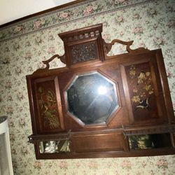 Antique Victorian Wall Mirror Cabinet – Carved Wood, Bird Artwork, Octagon Mirror
