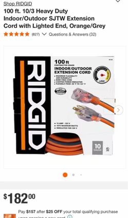 Shop RIDGID 100 ft. 10/3 Heavy Duty Indoor/Outdoor SJTW Extension Cord with Lighted End, Orange/Grey