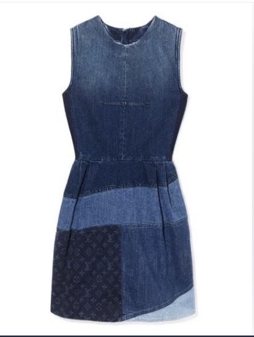 Women's Louis Vuitton Blue Denim Patchwork Monogram Sleeveless Mini Dress Sz 36