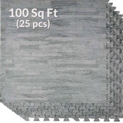 Home Aesthetics 100 Sq. Ft 3/8 Inch Thick Printed Foam Tiles Interlocking Foam Mat, Sea Haze Grey Wood Grain Style Print, (24"x24", 25 pcs), Protectiv
