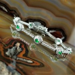 Estate Sterling 925 Platinum Plated Clear & Emerald CZ Tennis Bracelet 