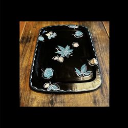 Vintage 1950’s Metal Tray Black With Blue Flowers 13.25” x 18.25”