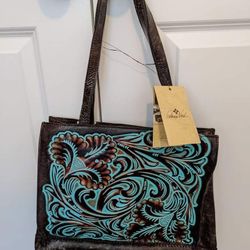 New With Tags Patricia Nash Turquoise Tooled Handbag Purse Tote Paid 200