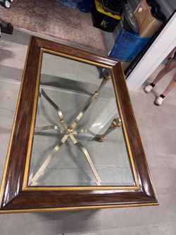 Wood and Glass Coffee Table with Gold Metal Base