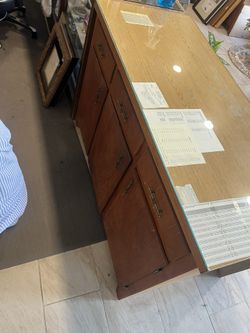 Vintage 1960s Sturdy Retail Checkout Counter – Solid Wood + Glass Top