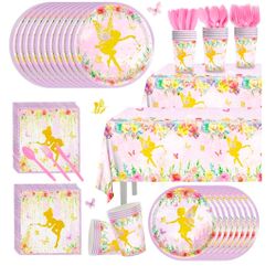 170Pcs Fairy Birthday Party Plates Napkins Party Supplies
Paper Cups Tablecloths Knives Forks Spoons Disposable Tableware Set Serve 24 Guests