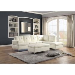 White Tufted Sectional Sofa with Ottoman