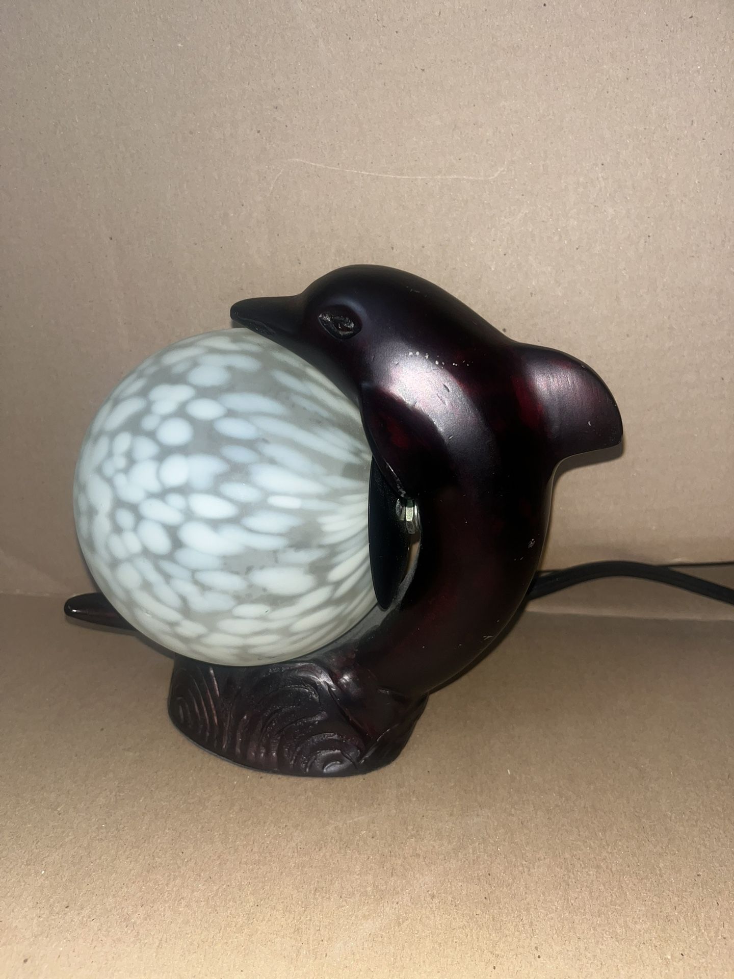 Art Deco Style Cast Metal Dolphin Satin Glass Ball Figural TV Lamp Desk Light