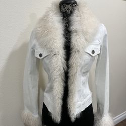 Bebe White Denim Leather Mongolian Curly Fur Collar Jacket 