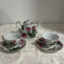 Vintage Porcelain Teapot with Cups by Betty Platner - Hand Decorated Pink Rose Floral Tea Set - Collectible Fine China Gift for Tea Lovers