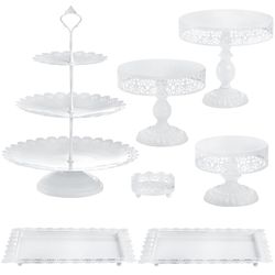 Lyellfe Set of8White Cake Stand, Decorative Dessert Display Set, Metal Cake Stand Set for Dessert Table, Birthday Party, Wedding, Afternoon Tea, Fes