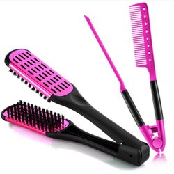 Chengu Hair Brush, Boar Bristles Clamp Double Sided Brush & V Shaped Styling Hair Comb, Straightening Knotty Unkempt Hair (Rose Red, Pink)