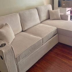 New Corduroy Sectional W Pullout Bed / Chaise Storage.  USB Port.  Free Delivery!