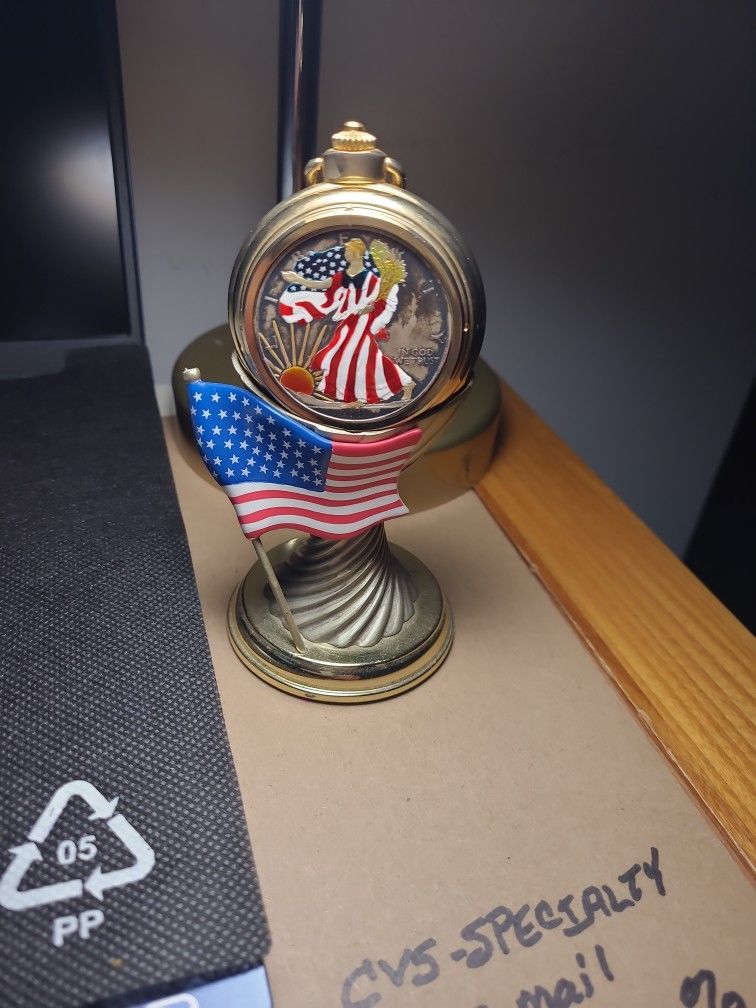 Colorized Painted American Eagle  Walking Liberty Pocket  Watch With Stand