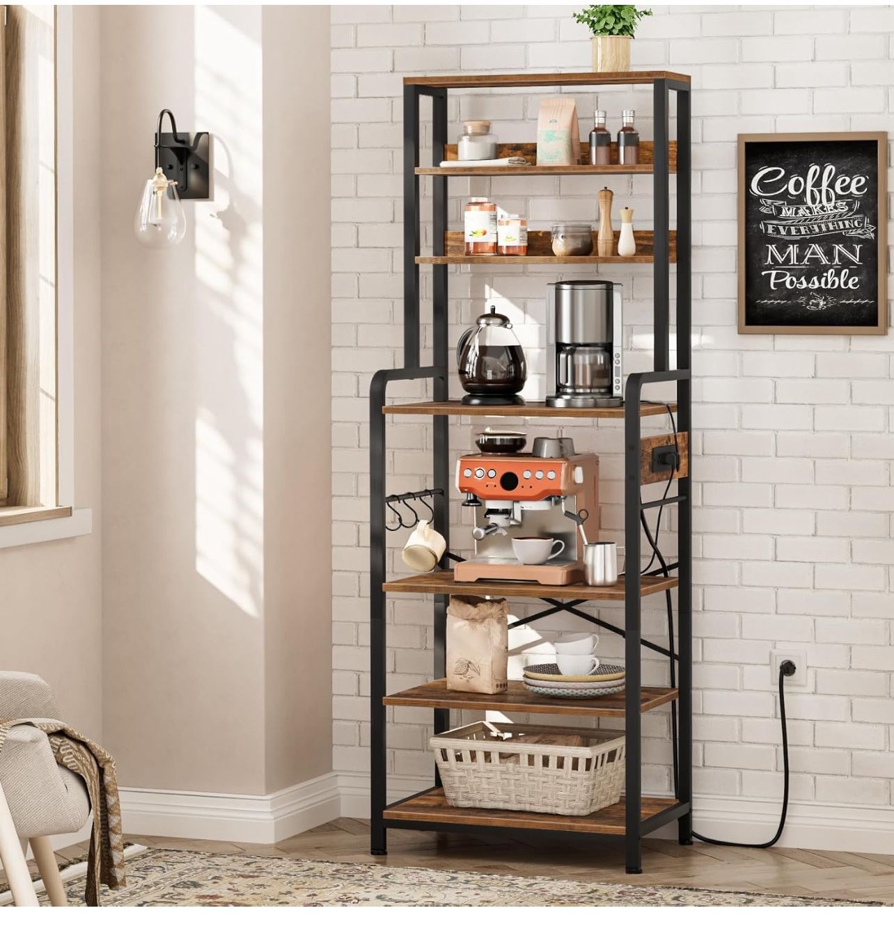 HOOBRO Bakers Rack with Power Outlet, 68.1inch Height Microwave Stand with 4 S-Shaped Hooks, 7-Tier Kitchen Storage Shelf Rack, Coffee Bar, for Kitche