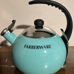 Farberware Whistling Tea Kettle 2.5 Qt Teal Turquoise Blue Water Tea Pot New 