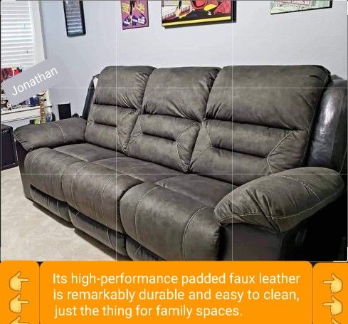 Huge Sale 🔥Cool Look of Leather*Fabric Feel Reclining Sofa 👍 Brand New In Stock 💧 starting at $72/mo