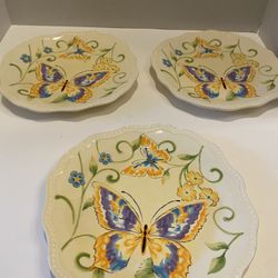 Pier 1 Vtg butterfly botanica set of 3 ceramic decor / dessert plates.Cottage/ farmhouse/ country.