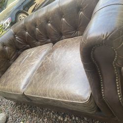 Real Natural Leather Studded Couch. Distressed Look