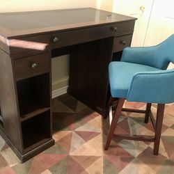 Tall Heavy Work Desk With Tall Swivel Chair Power Outlet’s With USB Ports 4 Drawers Both Sides Side Storage Very Functional 4 Shelves In Front   38” h