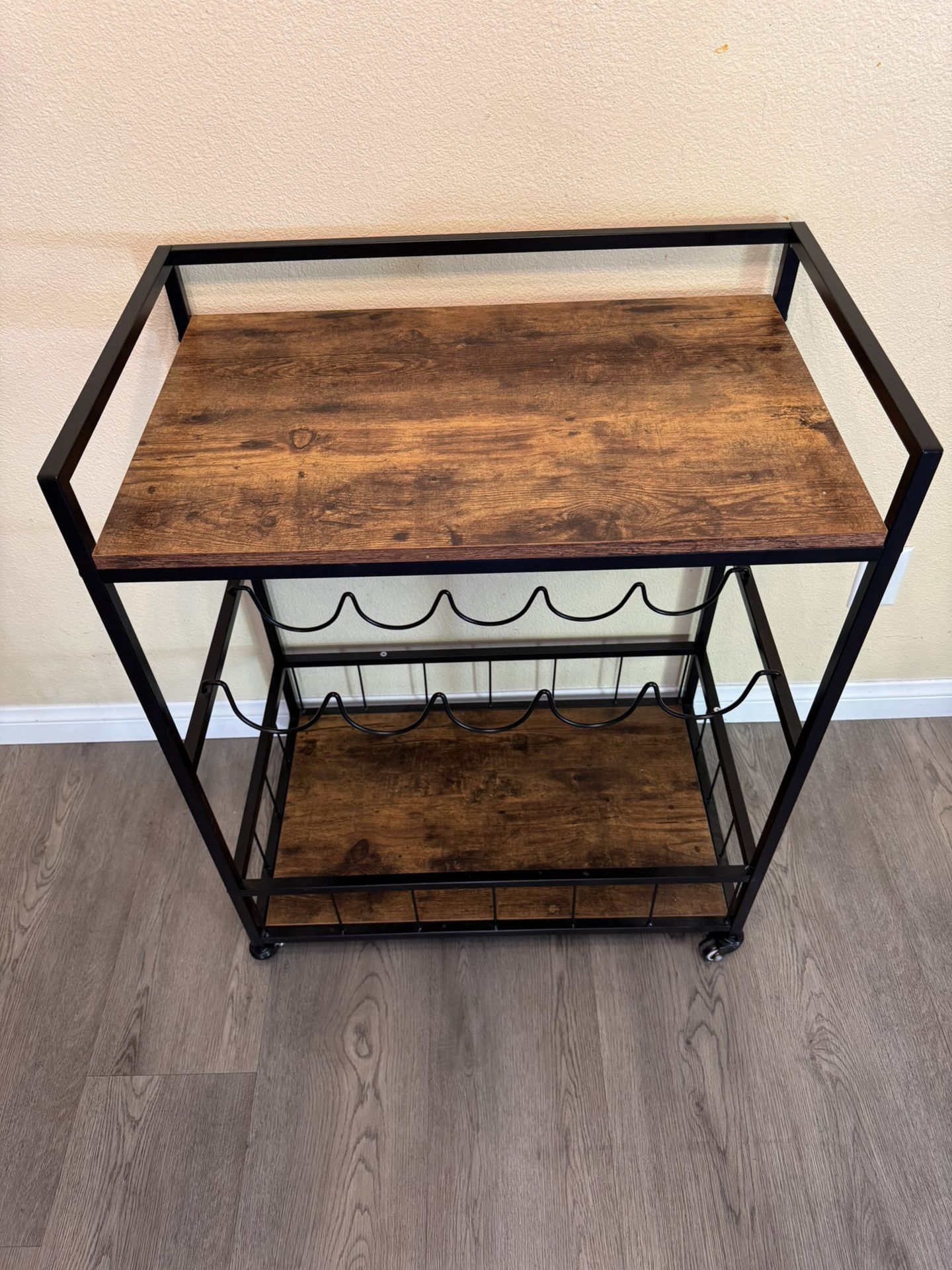 Industree Serving Cart on Wheels, 3-Tier Bar Cart with Wine Rack, Modern Wood and Metal Portable Coffee Cart Table for Home,