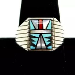 Sam Begay Navajo Sterling Multi Stone Ring Sz 13.5 Tribal Ethnic Regional 9.4g