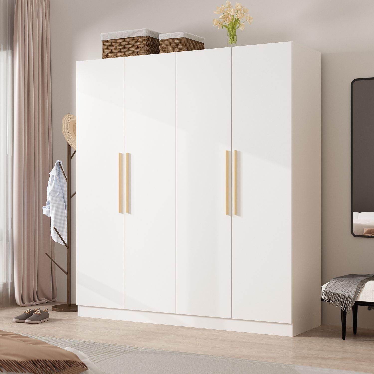 FAMAPY 4 Door Wardrobe Armoires and Wardrobes with Storage Shelevs, Armoire Wardrobe Closet with Hanging Rod, Wooden Handles, Armoire Closet for Bedro