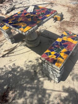 Mosaic Tile Concrete Outdoor Table and Bench Set